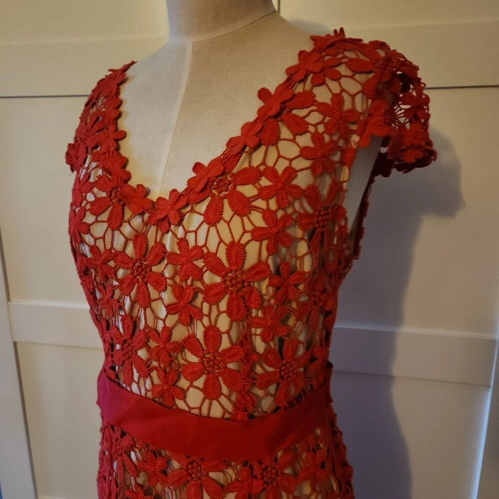 HOSS INTROPIA Red Guipure Floral Lace Sheath Dress - Size 42 (US 10)
